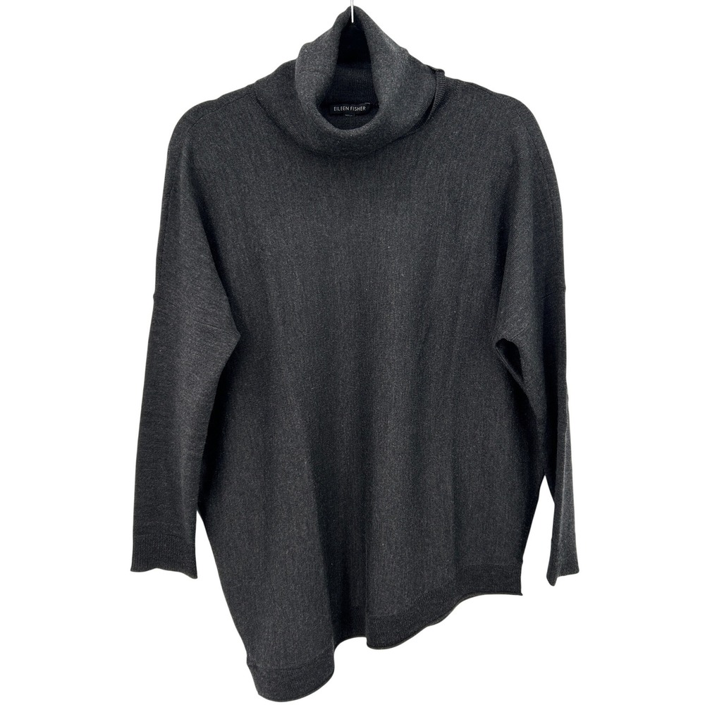 Eileen Fisher Womens Gray Merino Wool Asymmetric Turtleneck Sweater XS Neutral